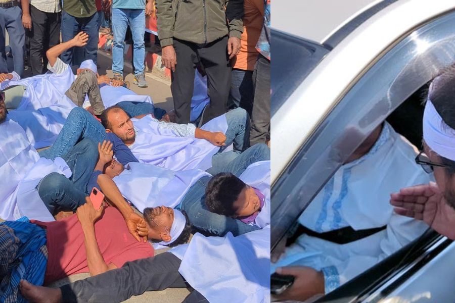 কাফনের কাপড়ে শুয়ে রিজভীর গাড়ি আটকালো যুবদল কর্মীরা