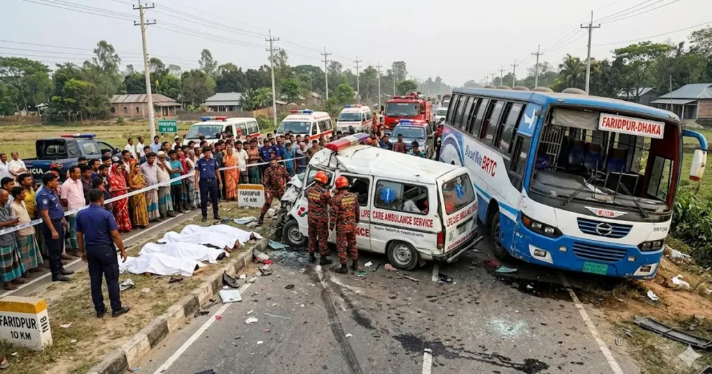 ফরিদপুরে বাস-অ্যাম্বুলেন্স সংঘর্ষে একই পরিবারের ৪ জনসহ নিহত ৫
